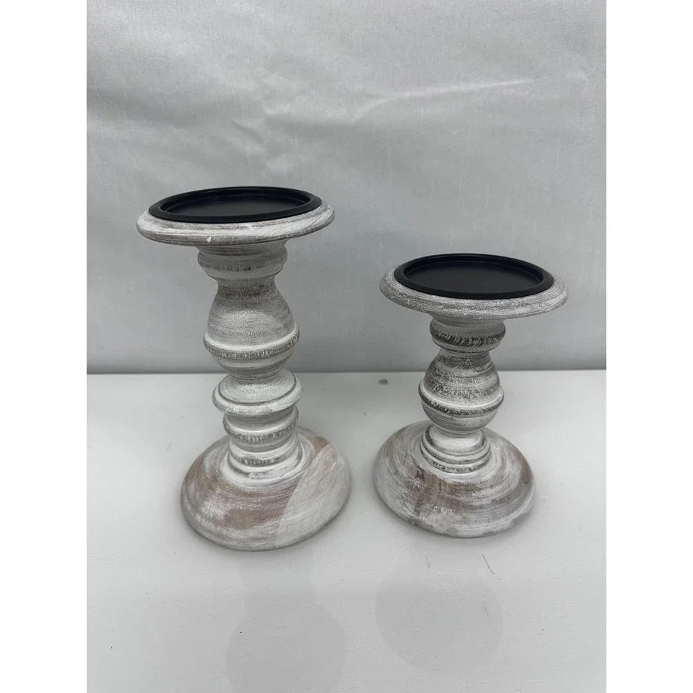 Set Of 2 India Hand Carved Wood Chapel Pillar Candle Holder 6